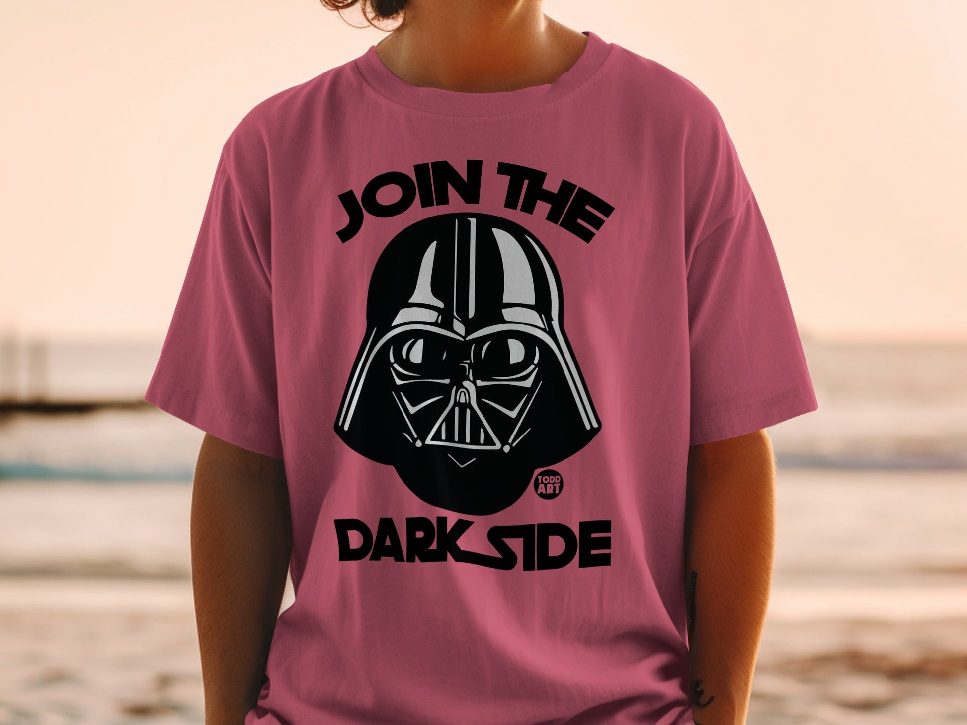 Pink t-shirt with Darth Vader graphic and "Join the Dark Side" text.