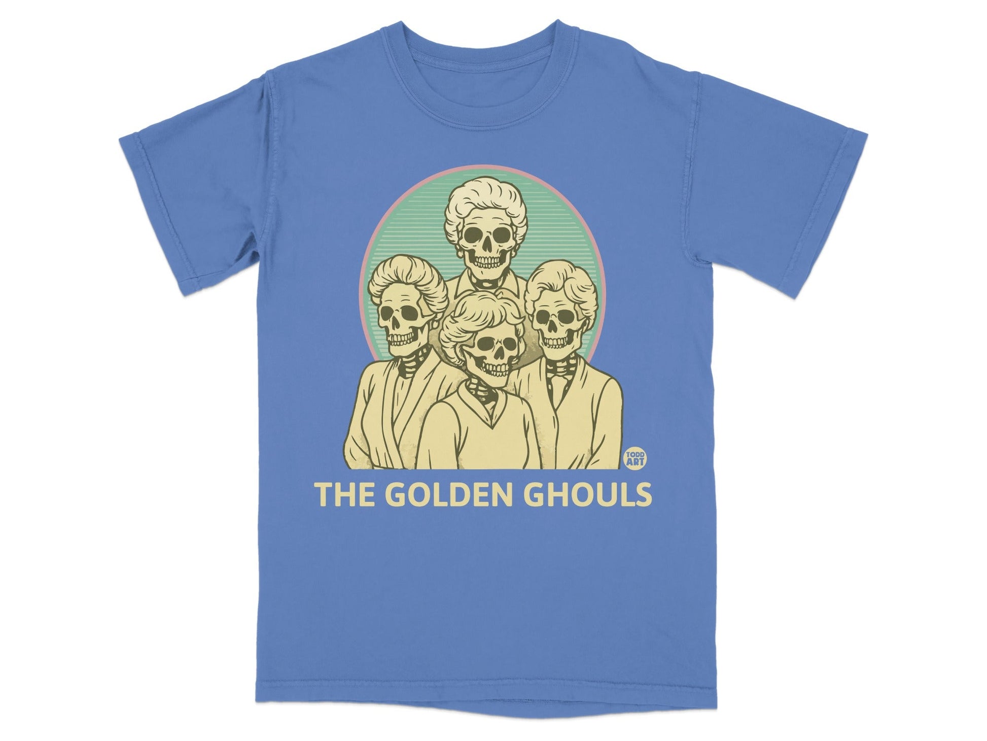 The Golden Ghouls t-shirt features four skeletal figures in a circle.
