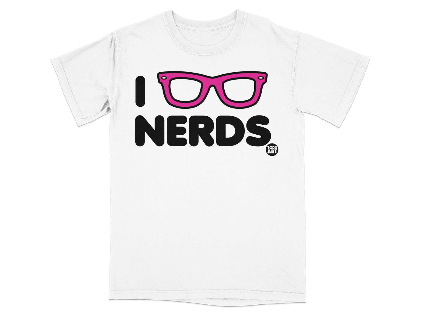 White t-shirt with "I ‚ô° NERDS" text and pink framed glasses.