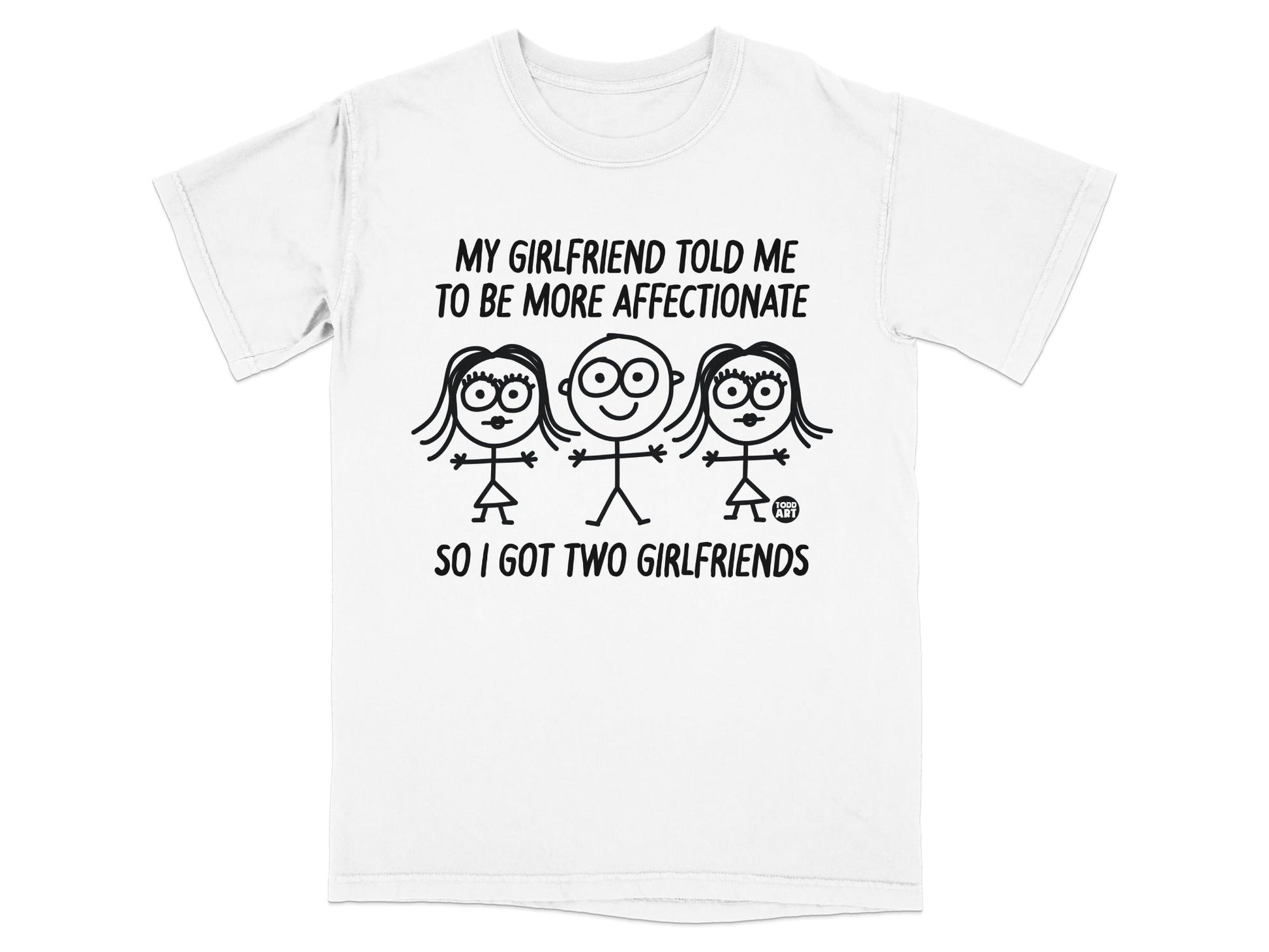 T-shirt with drawing of three stick figures and text about affection.