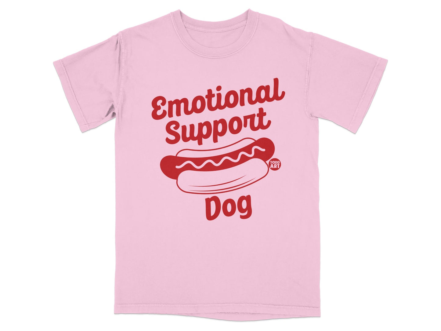 Pink t-shirt with "Emotional Support Dog" and hot dog graphic.