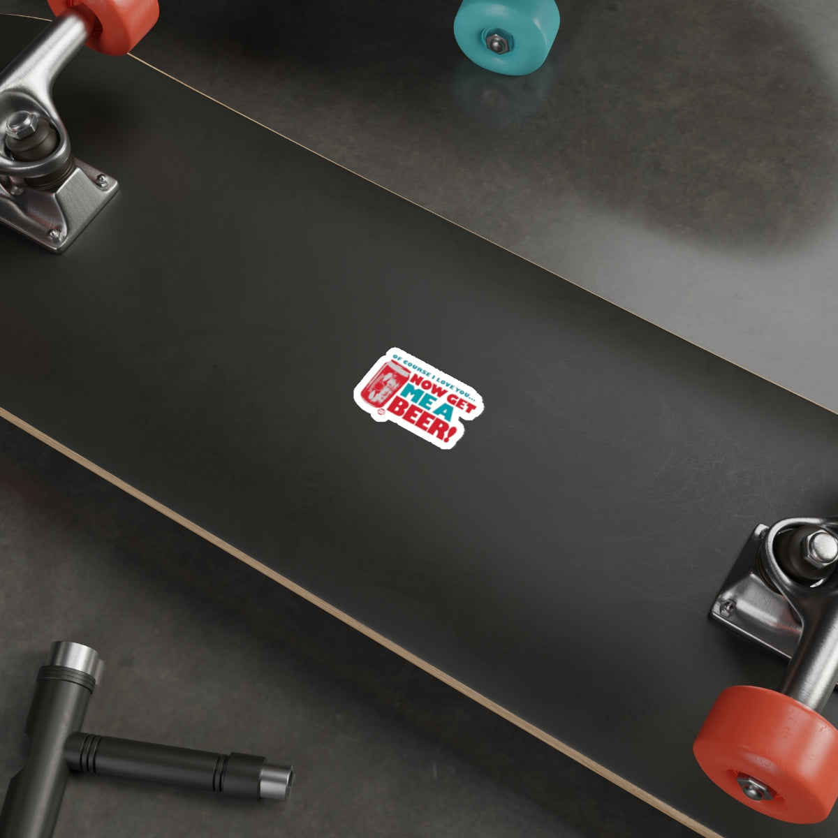 Black Skateboard Featuring Unique Sticker Design