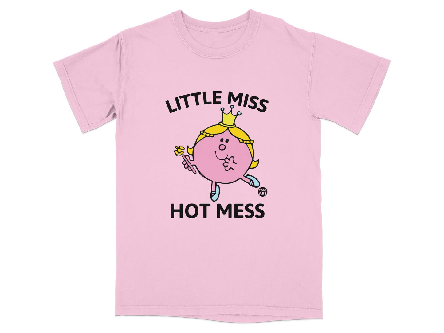 Pink t-shirt with "LITTLE MISS HOT MESS" text and character graphic.