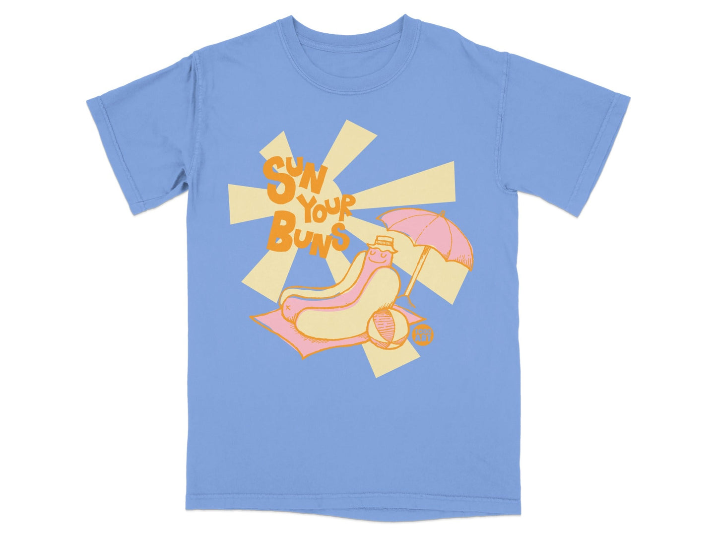 T-shirt graphic of a hot dog on a beach towel with an umbrella.