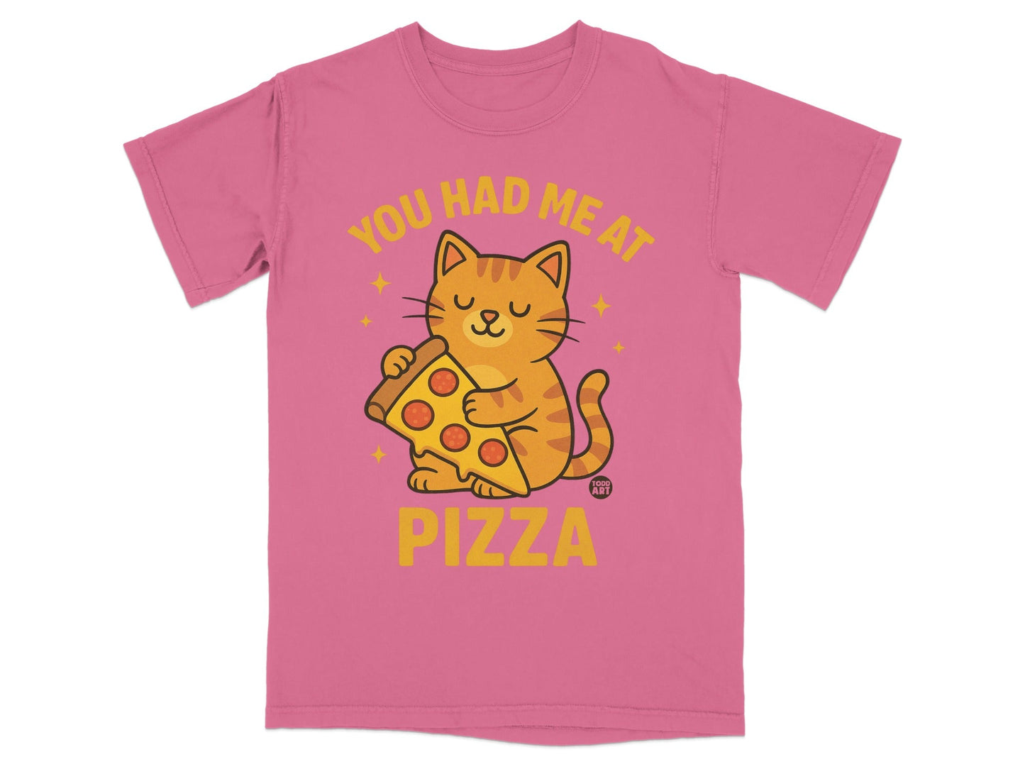 Pink t-shirt with a cartoon cat holding a slice of pizza.