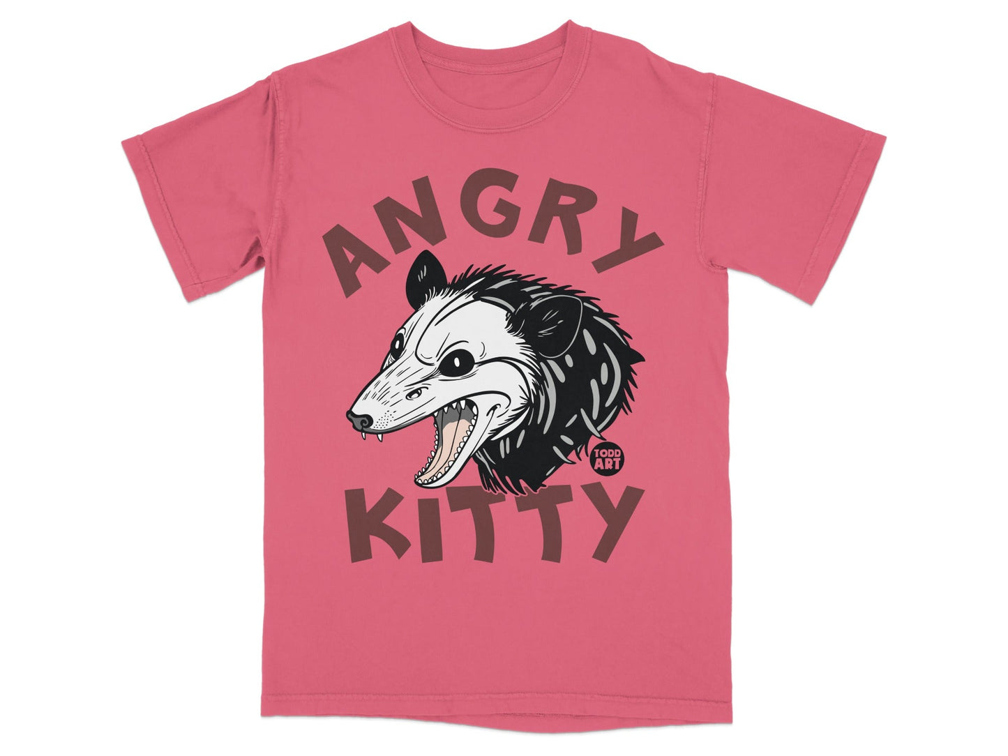 Pink t-shirt with an angry possum graphic and "ANGRY KITTY" text.