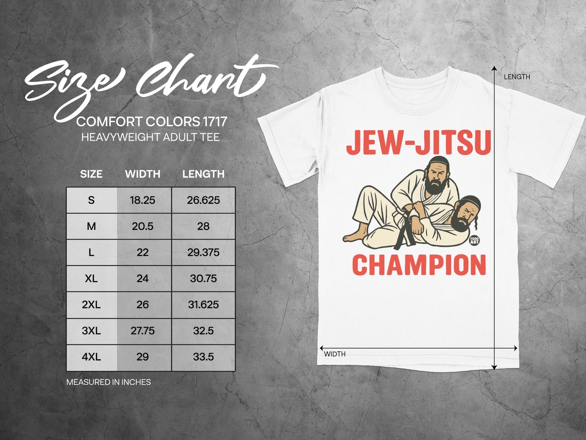 Size chart for Jew-Jitsu Champion heavyweight adult tee.