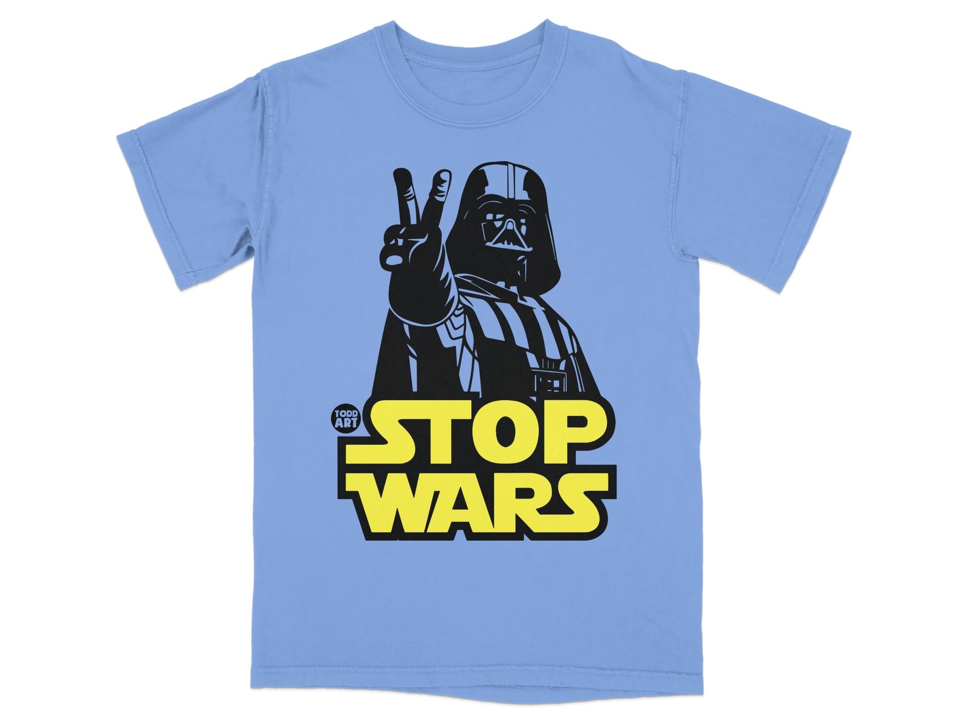 Light blue t-shirt with Darth Vader making a peace sign and "STOP WARS" text.