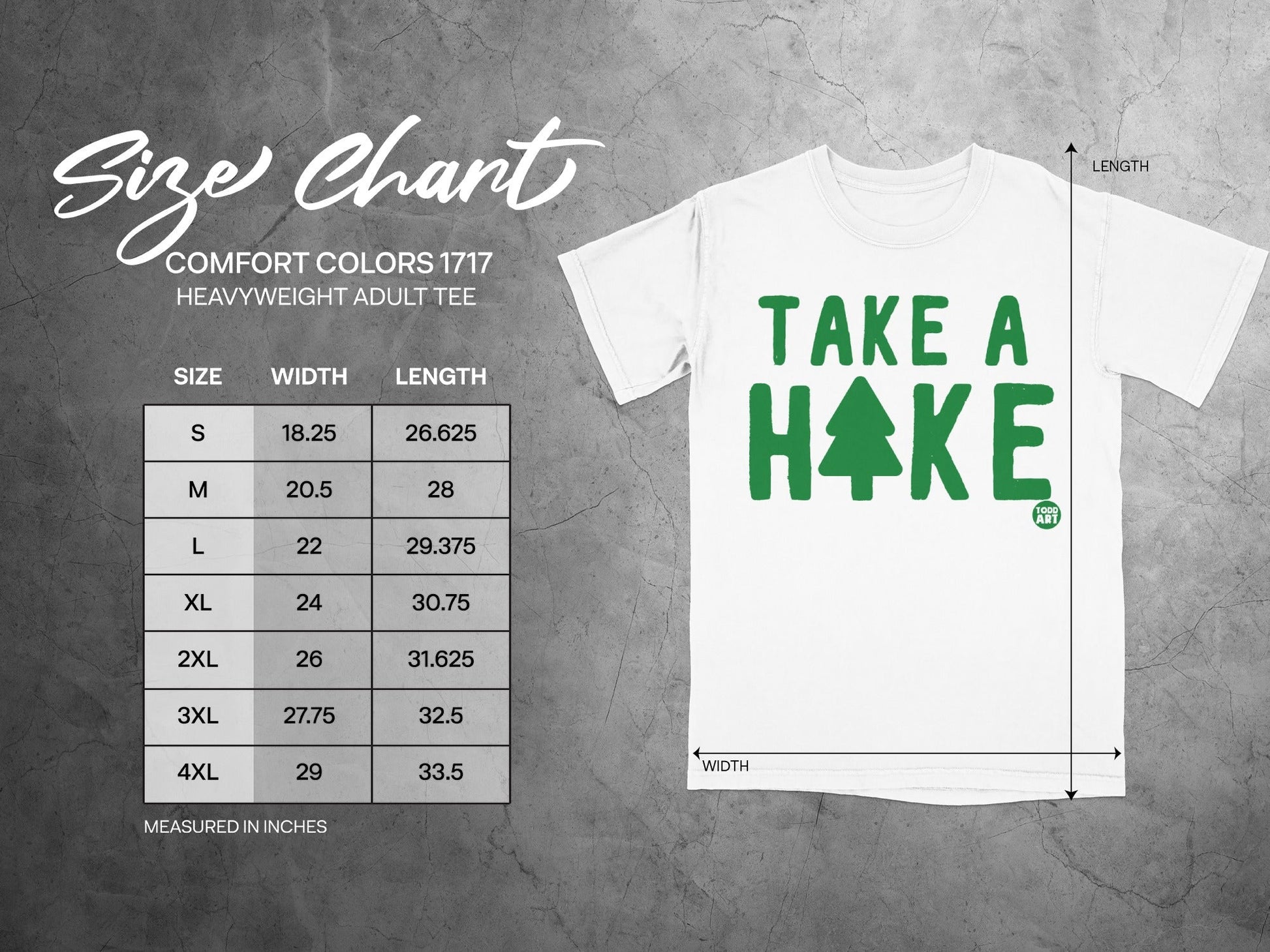 Comfort Colors 1717 heavyweight tee size chart with "Take a Hike" graphic.
