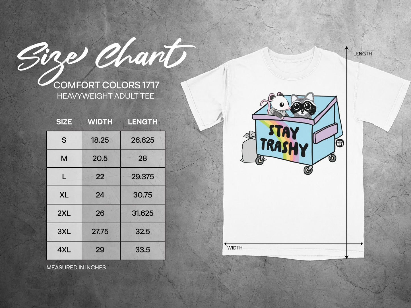 Size chart for Comfort Colors 1717 Heavyweight Adult Tee with measurements.