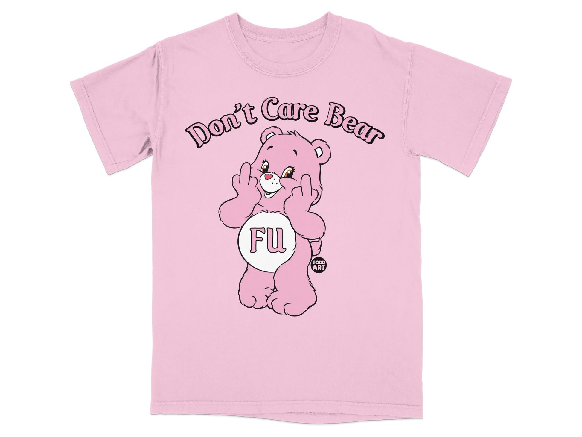 Pink t-shirt with a cartoon bear giving middle fingers and "FU" on chest.