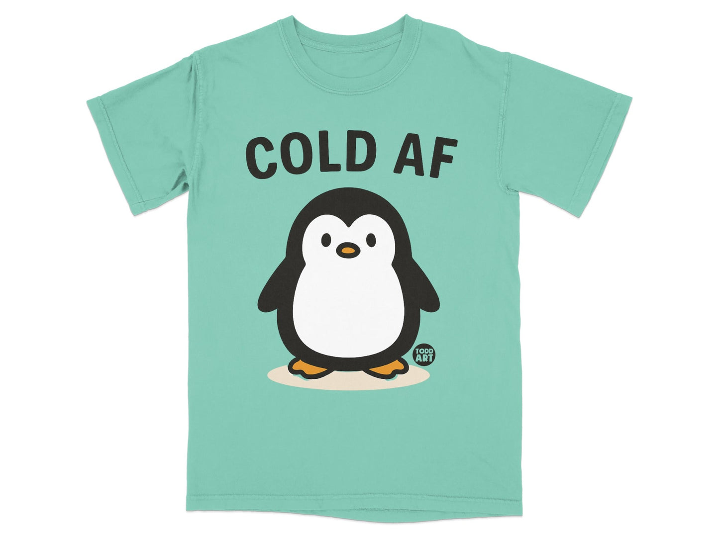 Teal t-shirt with cartoon penguin and text "COLD AF".