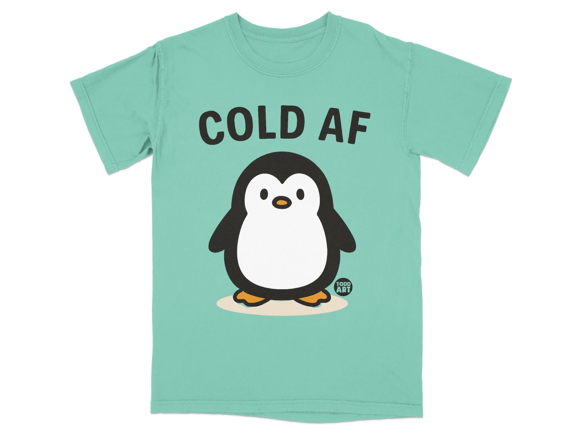 Teal t-shirt with cartoon penguin and text "COLD AF".
