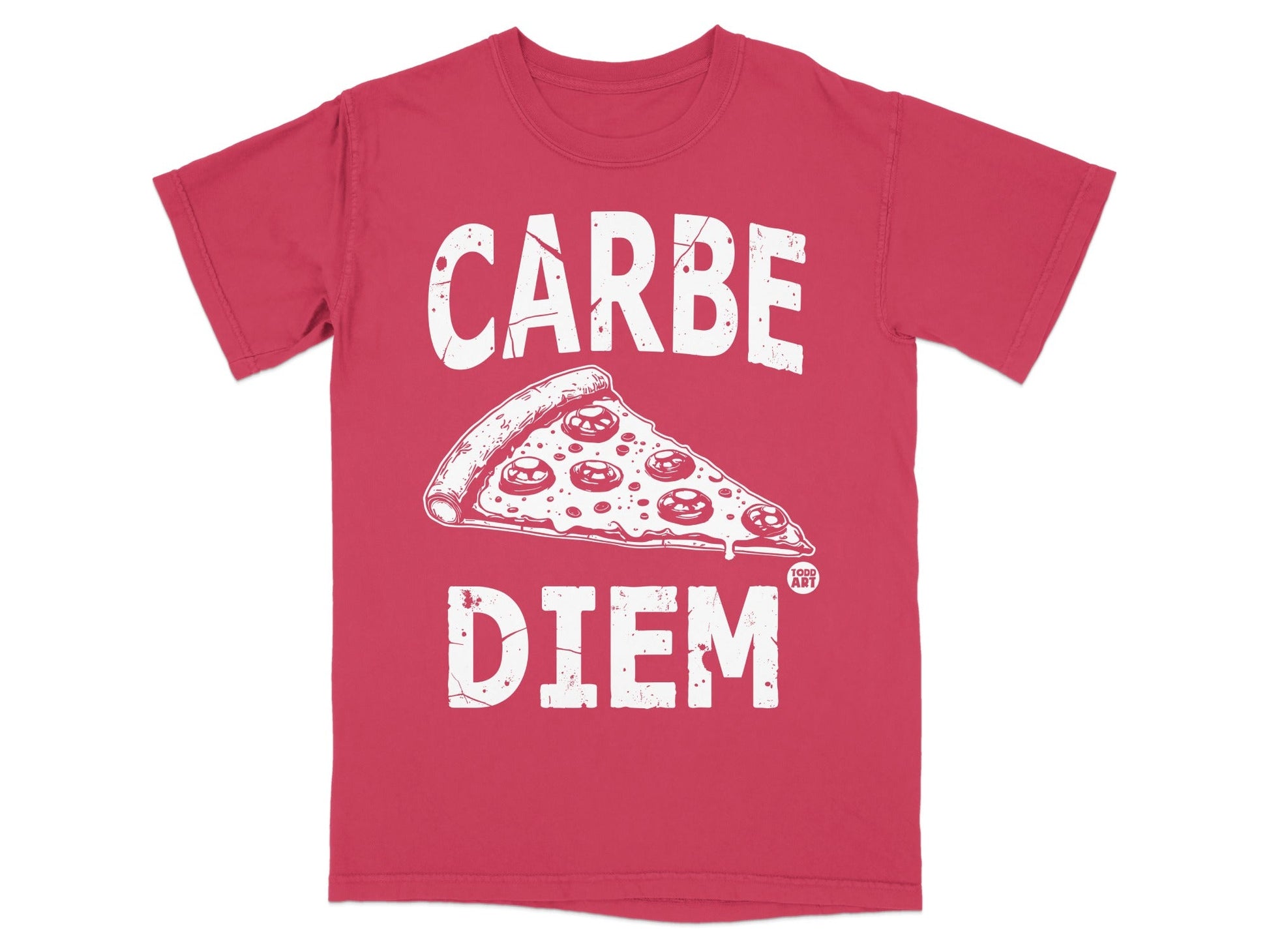 Red t-shirt with white "CARPE DIEM" text and a slice of pizza.