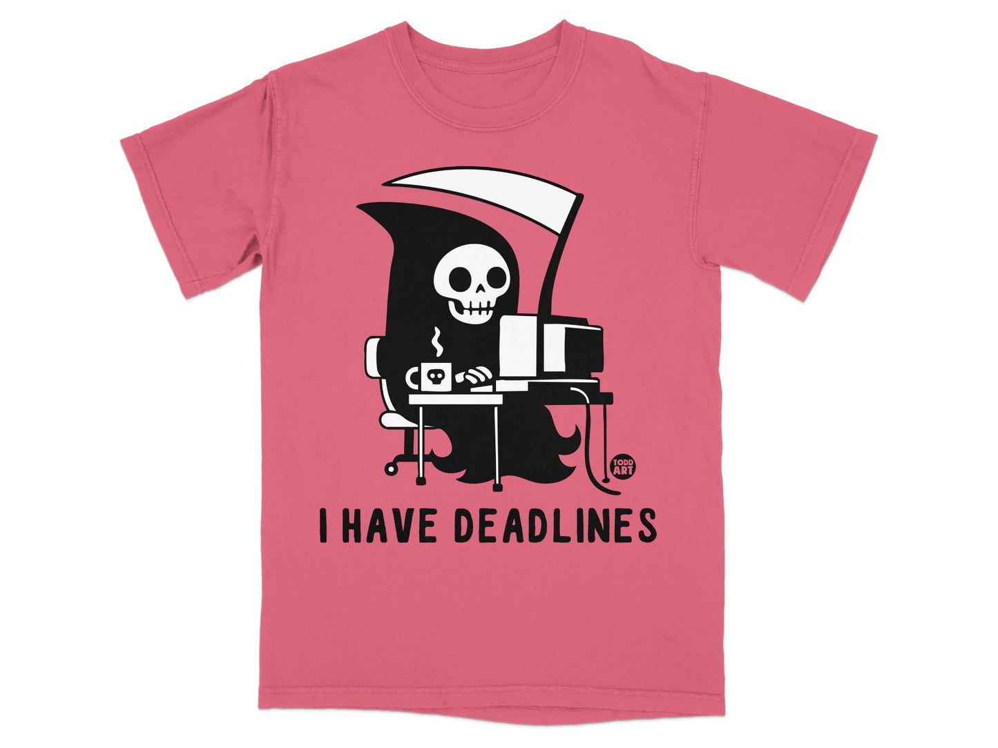 Grim Reaper at a computer with text "I HAVE DEADLINES" and "1000 ART" logo.