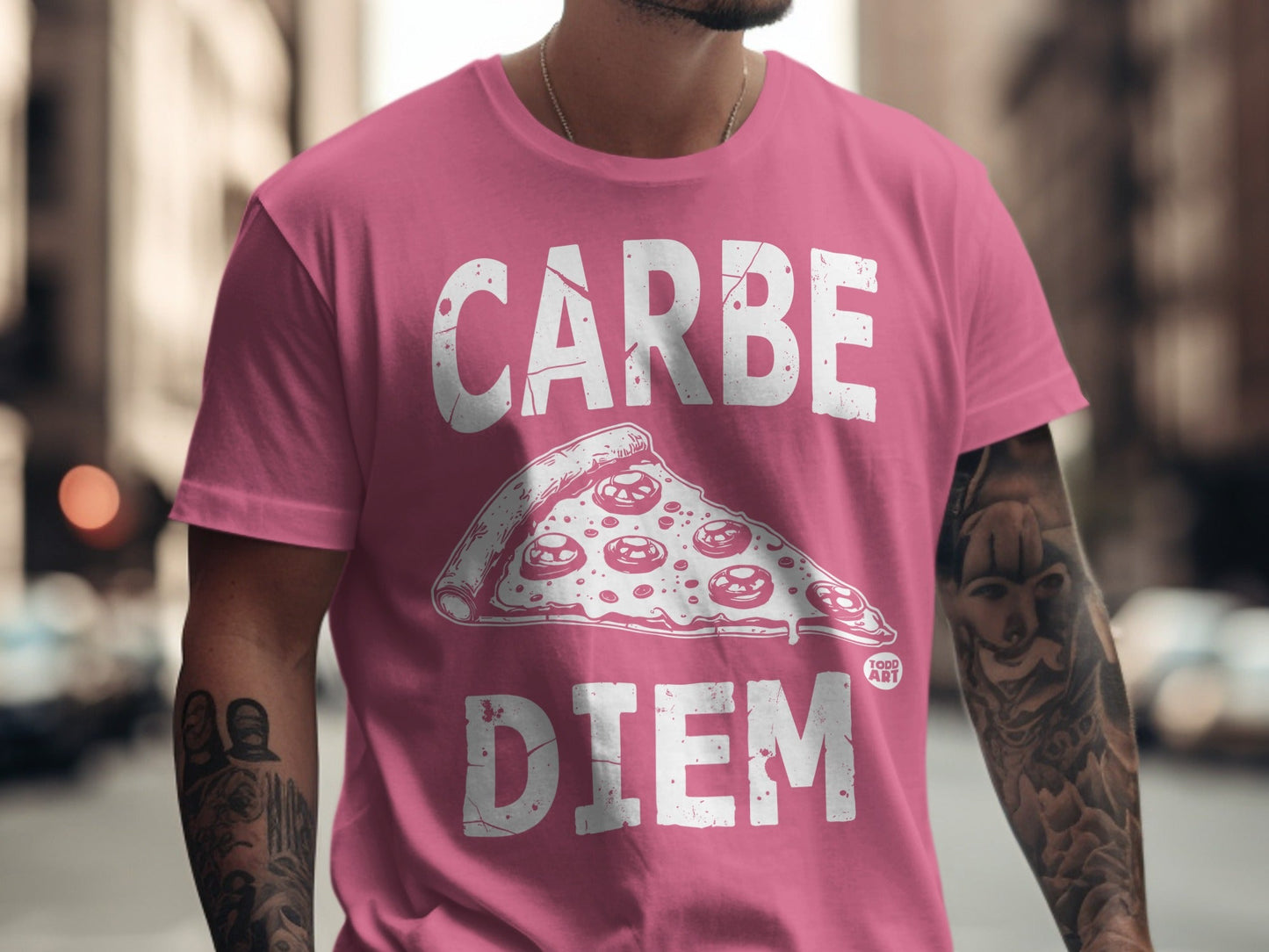 Pink t-shirt with "CARPE DIEM" and a pepperoni pizza slice graphic.