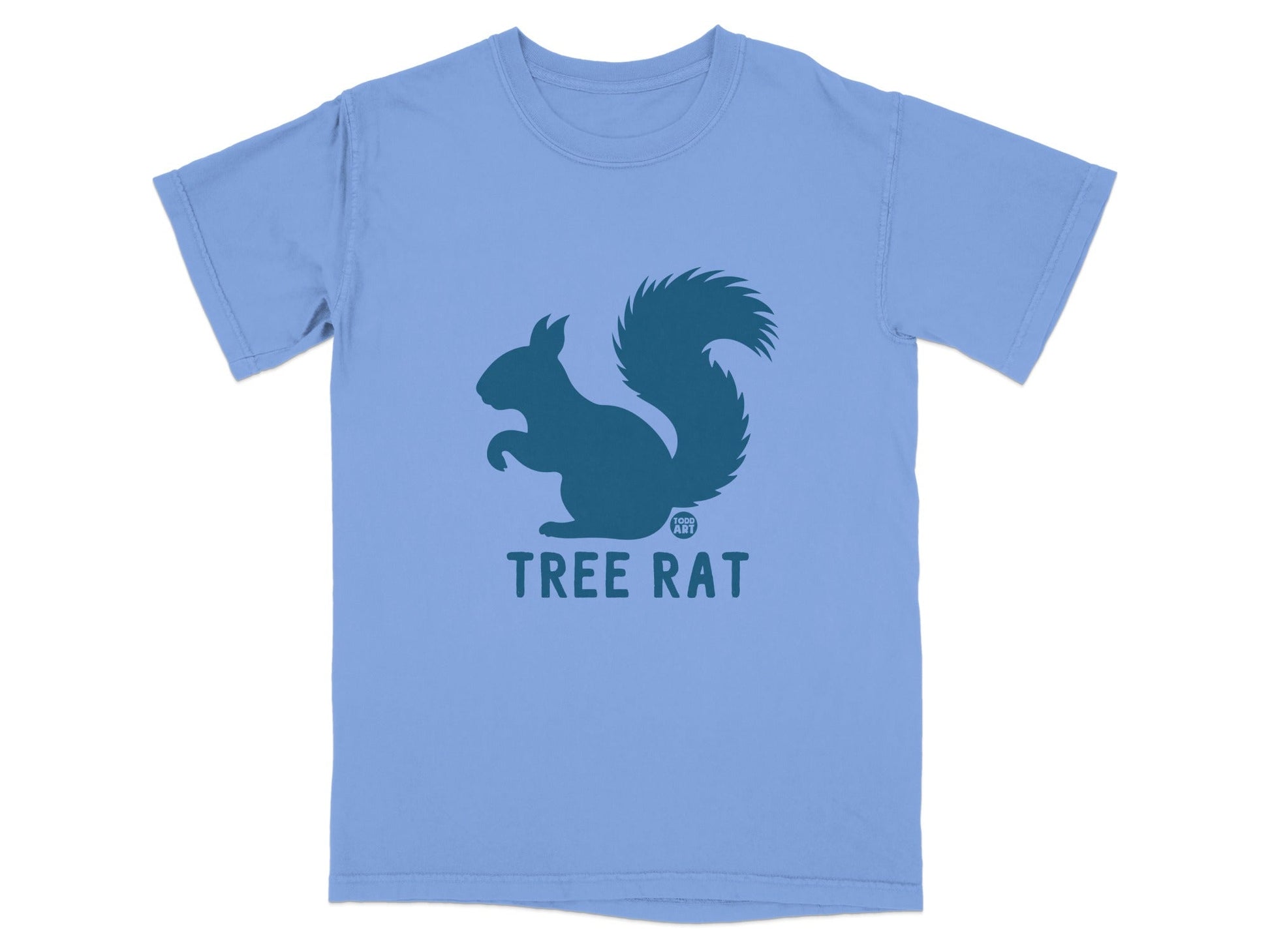 Light blue t-shirt with a silhouette of a squirrel and "TREE RAT" text.