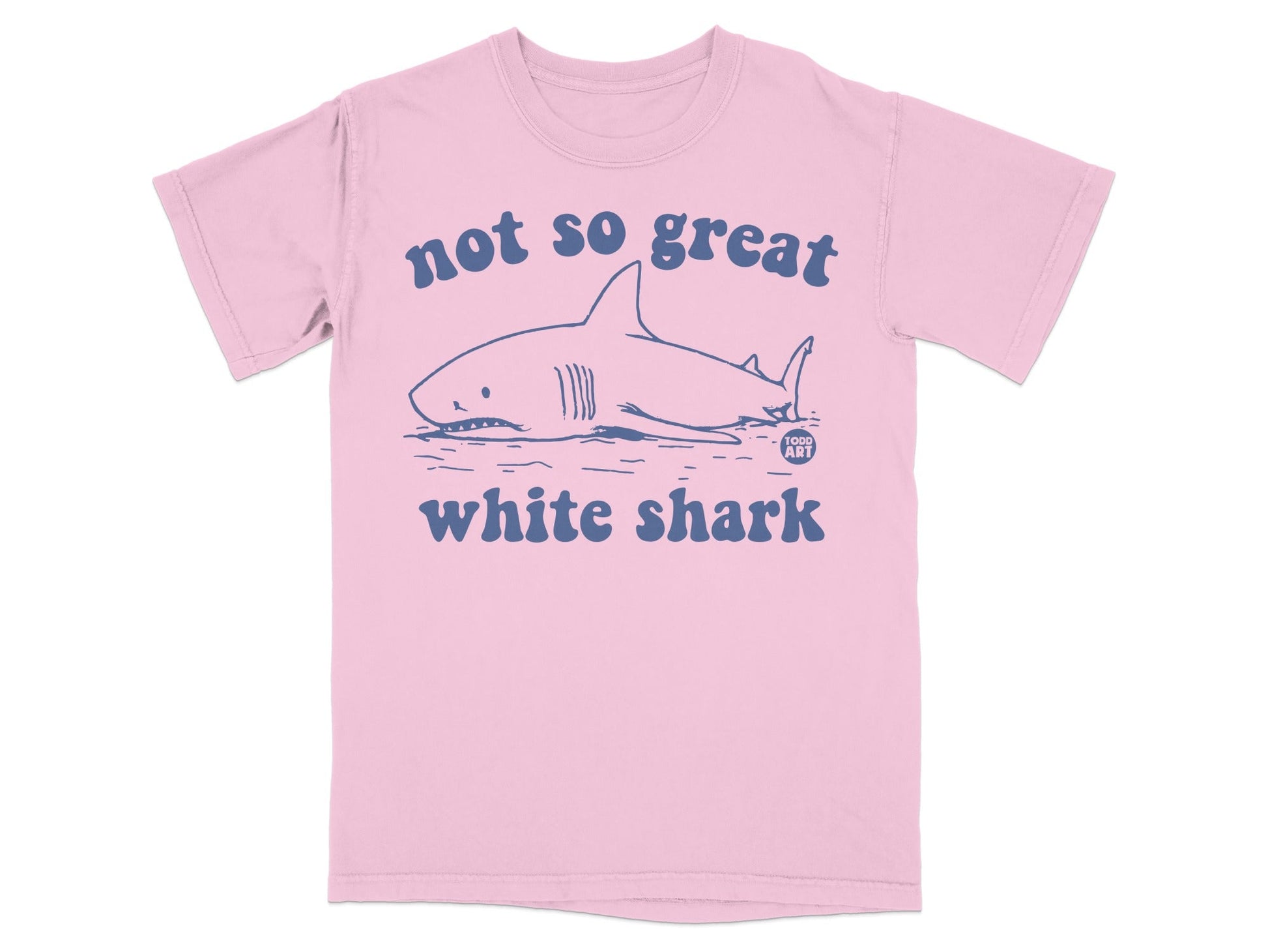 Pink t-shirt with a cartoon shark and text "not so great white shark".