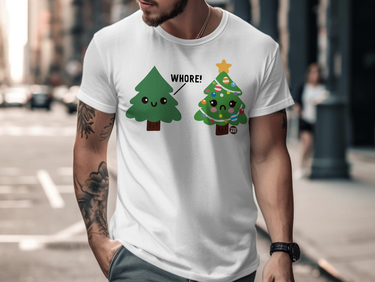 Funny Christmas Tree Design Graphic White T-Shirt