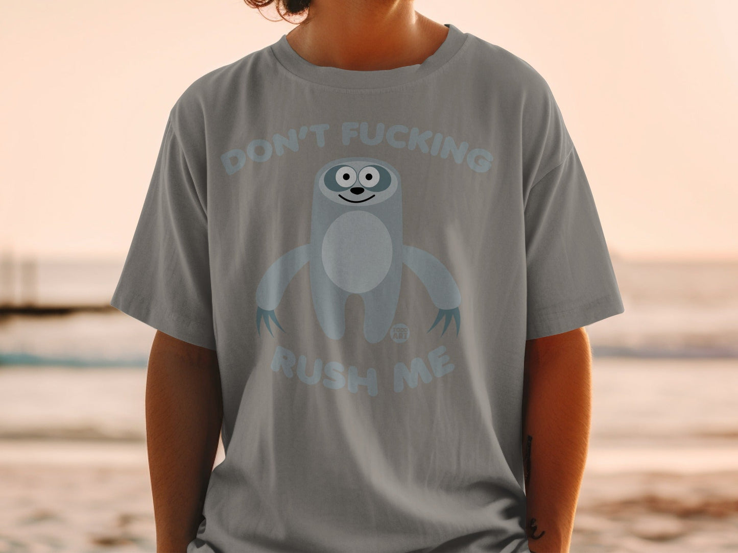 Grey t-shirt with a cartoon sloth and the text "DON'T FUCKING RUSH ME".