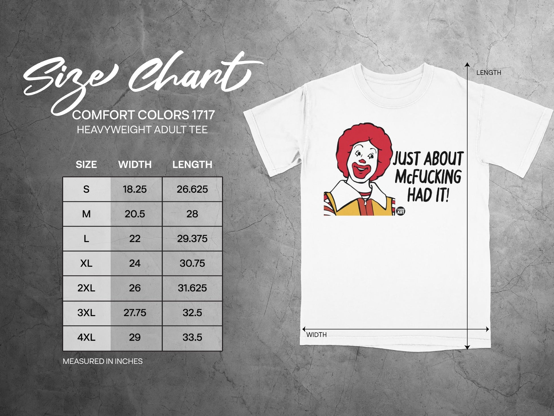Comfort Colors 1717 size chart for heavyweight adult tee with graphic.