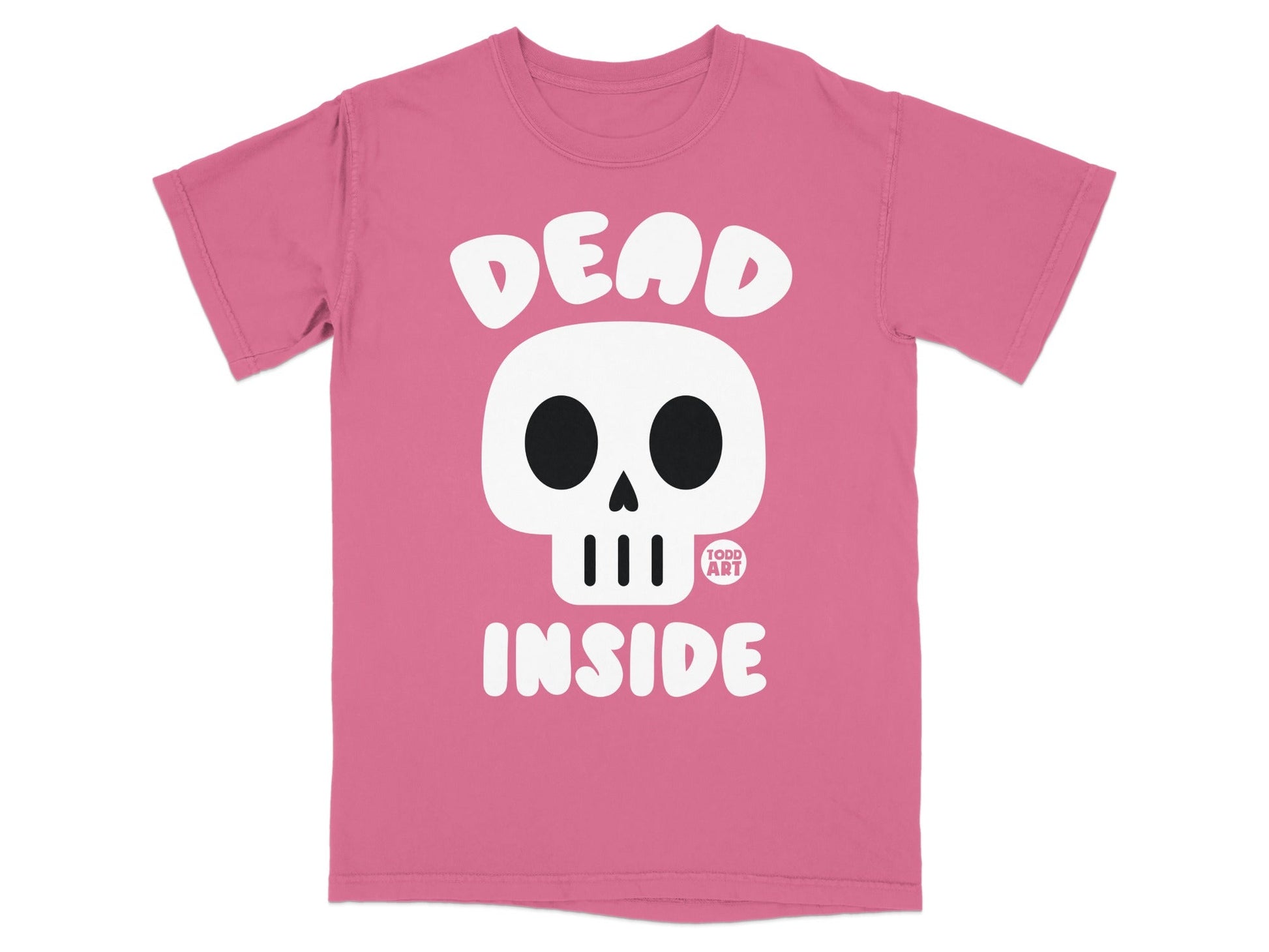 Pink t-shirt with a white skull and "DEAD INSIDE" text.