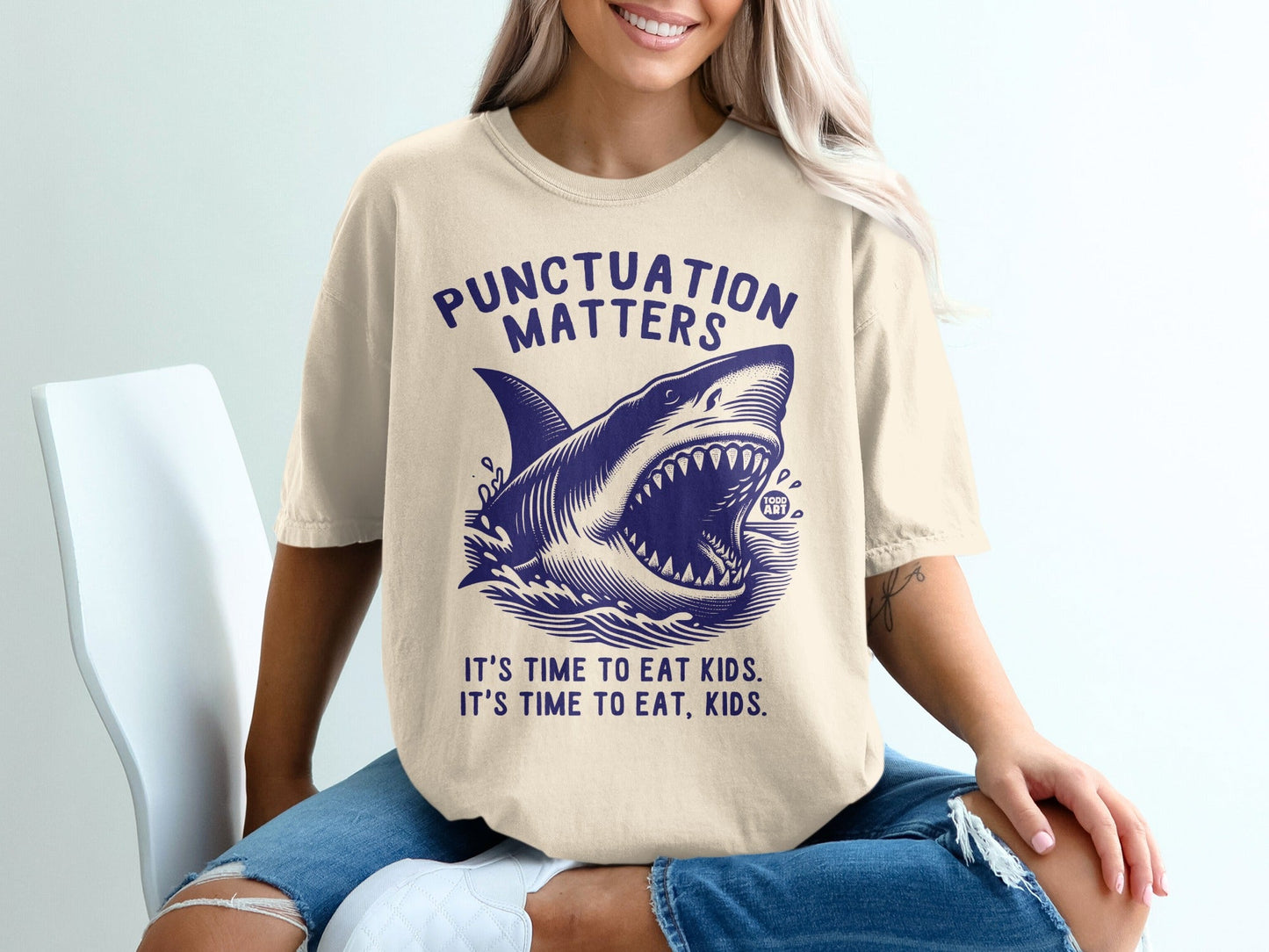 Shark graphic with "PUNCTUATION MATTERS" and "IT'S TIME TO EAT KIDS."