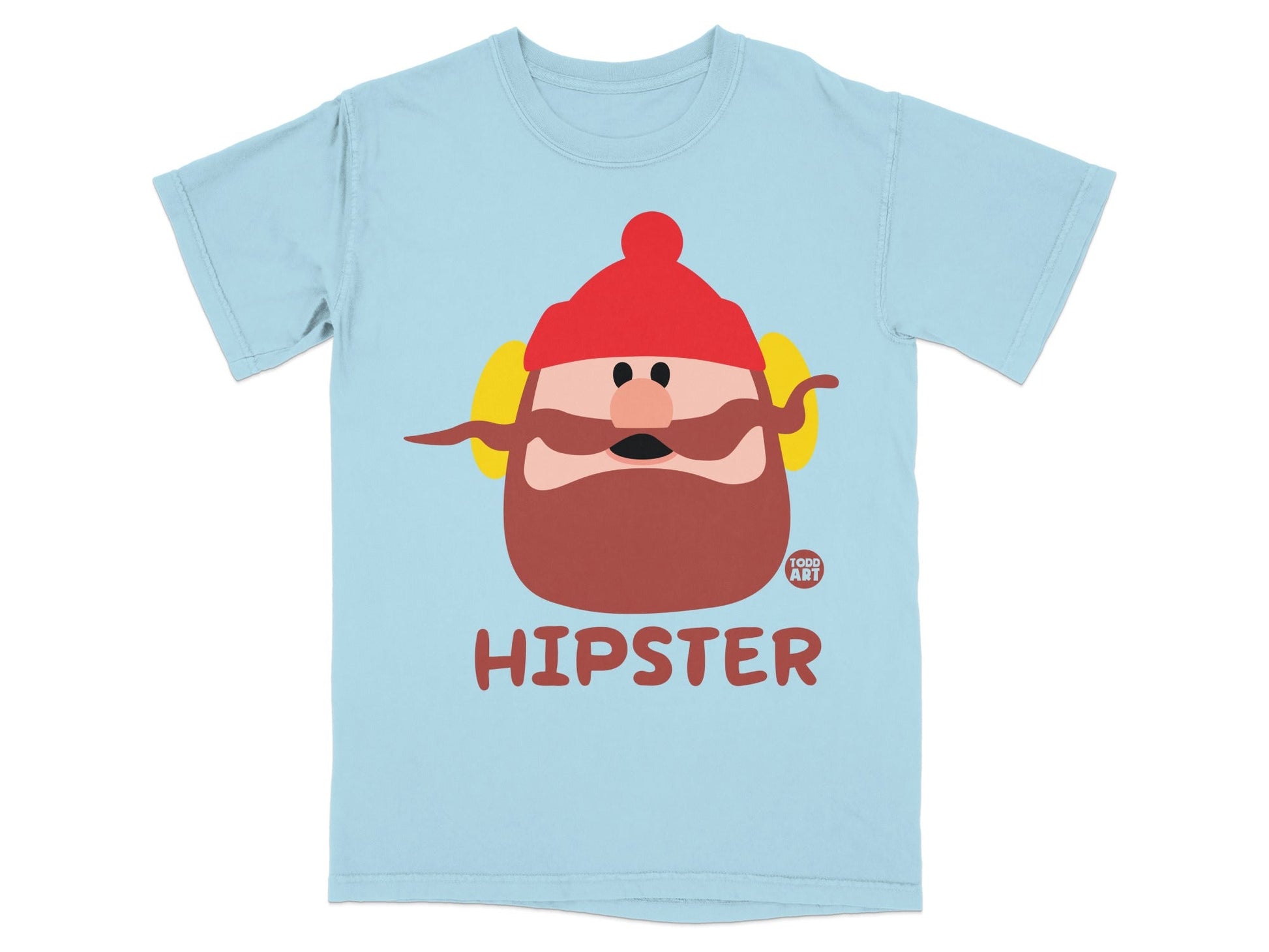 Light blue t-shirt featuring a cartoon hipster with a red hat and mustache.