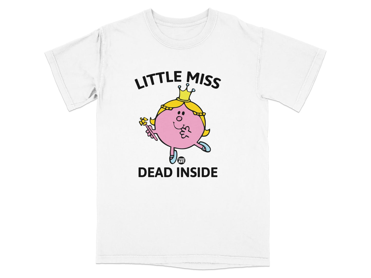 White t-shirt with "Little Miss Dead Inside" graphic of a cartoon character.