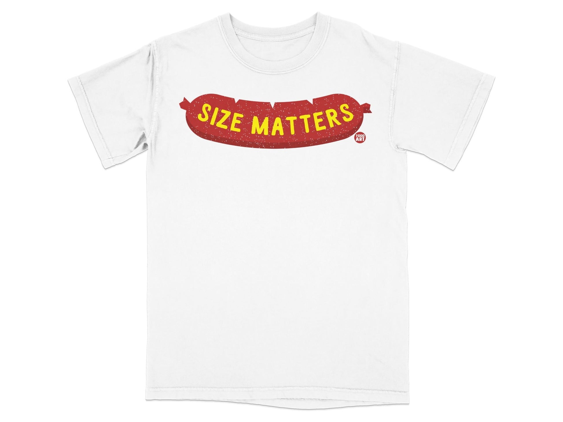 White t-shirt with red sausage graphic and text "SIZE MATTERS".