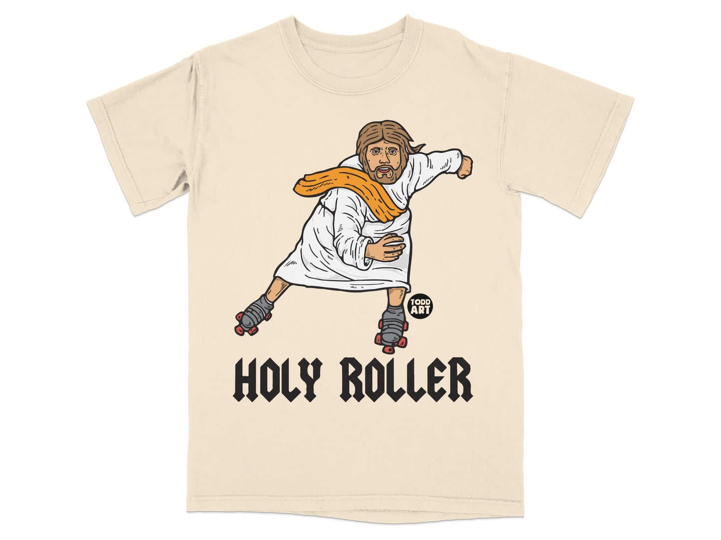 T-shirt with "HOLY ROLLER" graphic of Jesus on roller skates.