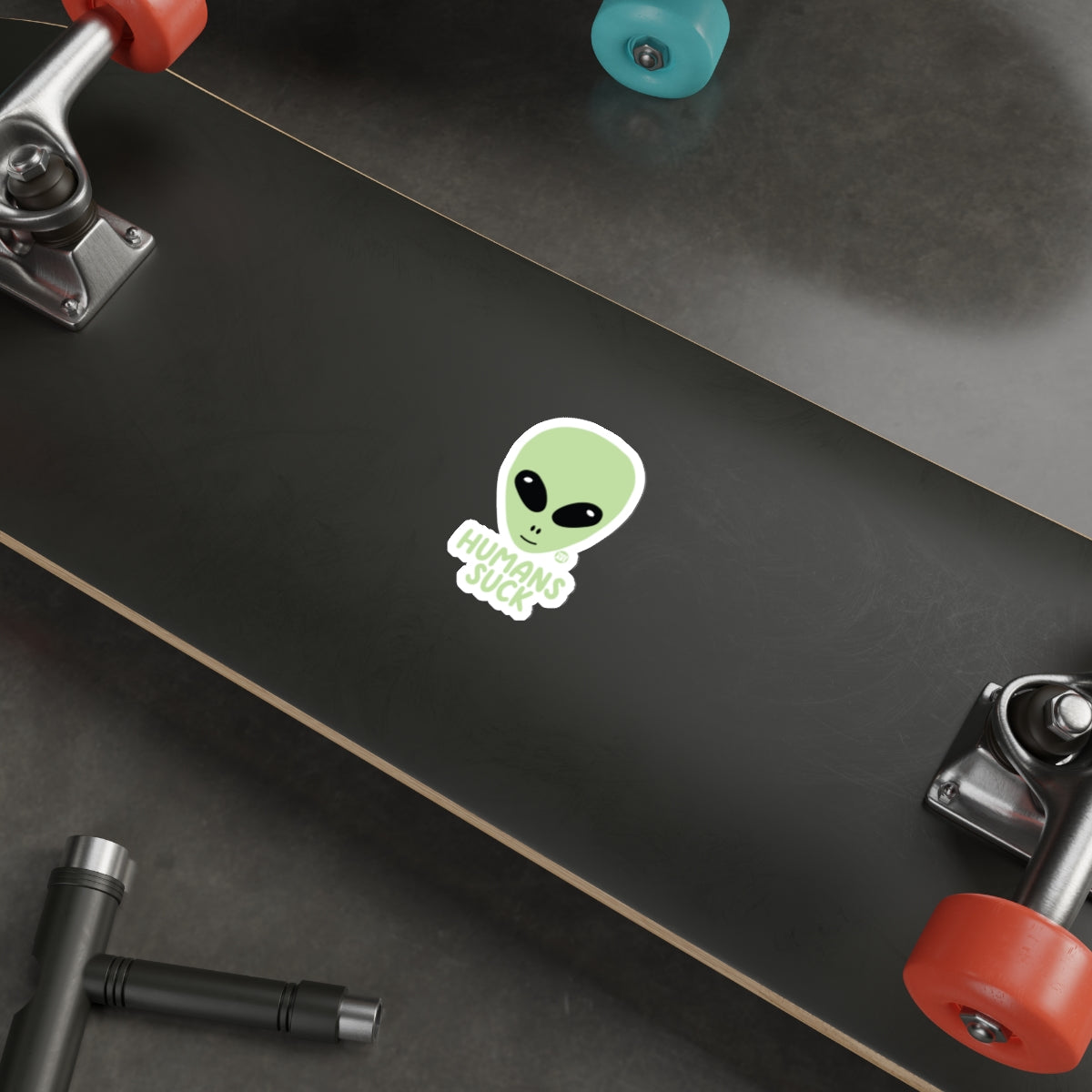 Alien Head Sticker with Humans Suck Skateboard Decor
