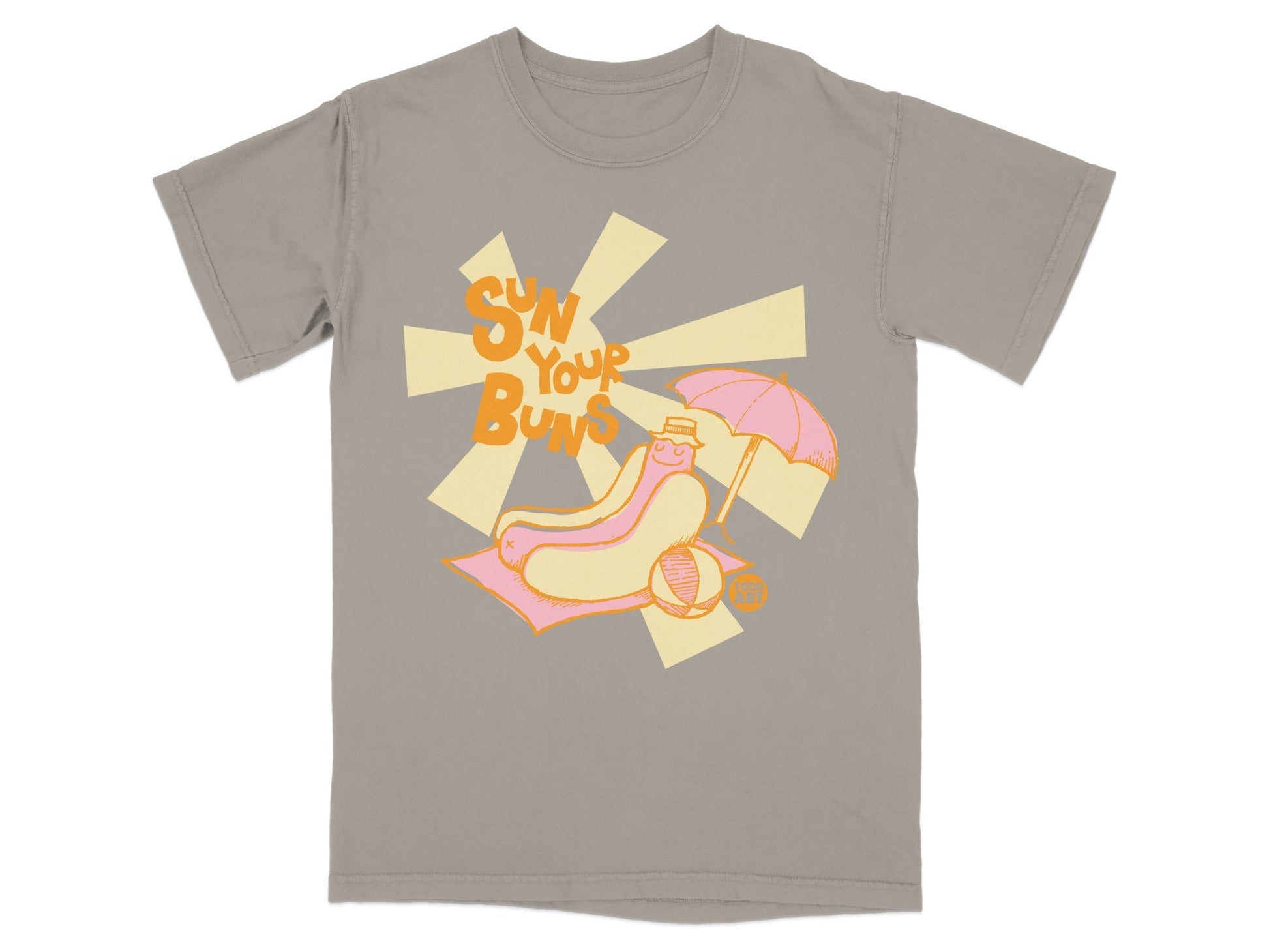 Hot dog with umbrella and text "SUN YOUR BUNS" on beach towel.