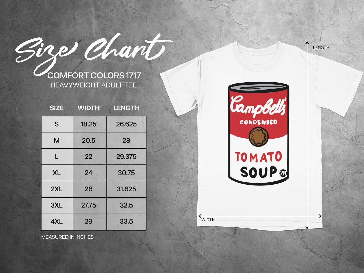 Size chart for a Comfort Colors 1717 heavyweight adult t-shirt with measurements.