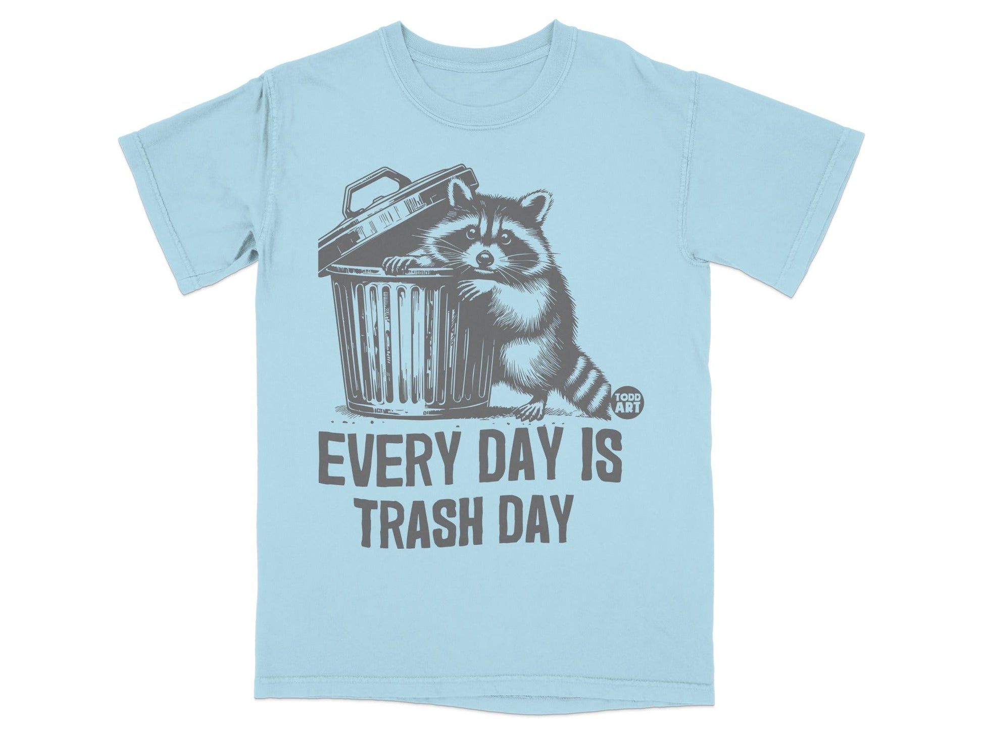 Light blue t-shirt with a raccoon peeking out of a trash can, text reads "EVERY DAY IS TRASH DAY".