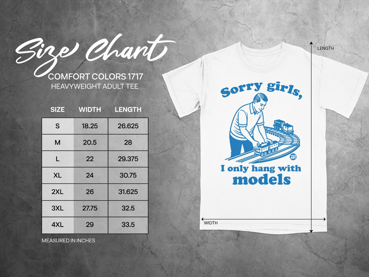 Size chart for Comfort Colors 1717 heavyweight adult tee, with measurements.