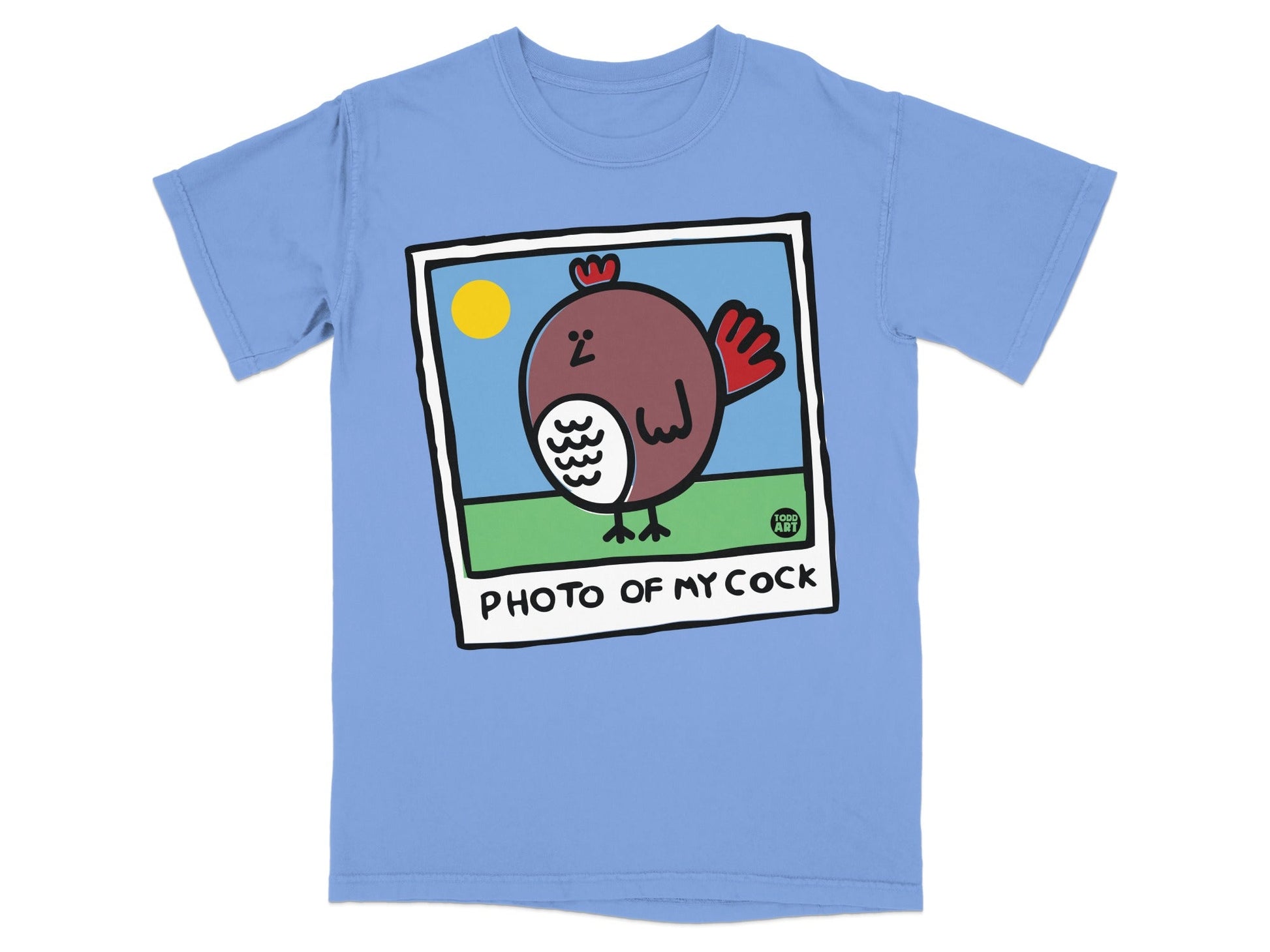 T-shirt with cartoon chicken in a photo frame and text "PHOTO OF MY COCK".