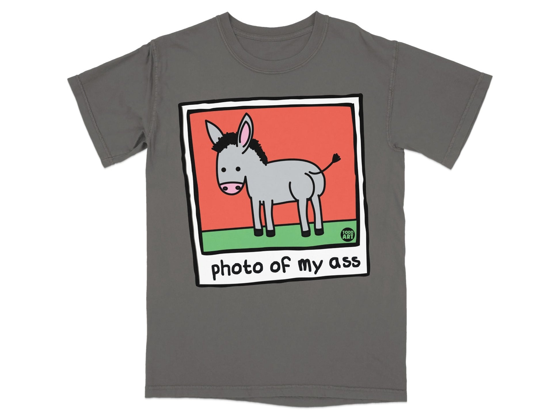 T-shirt featuring a cartoon donkey and the text "photo of my ass".