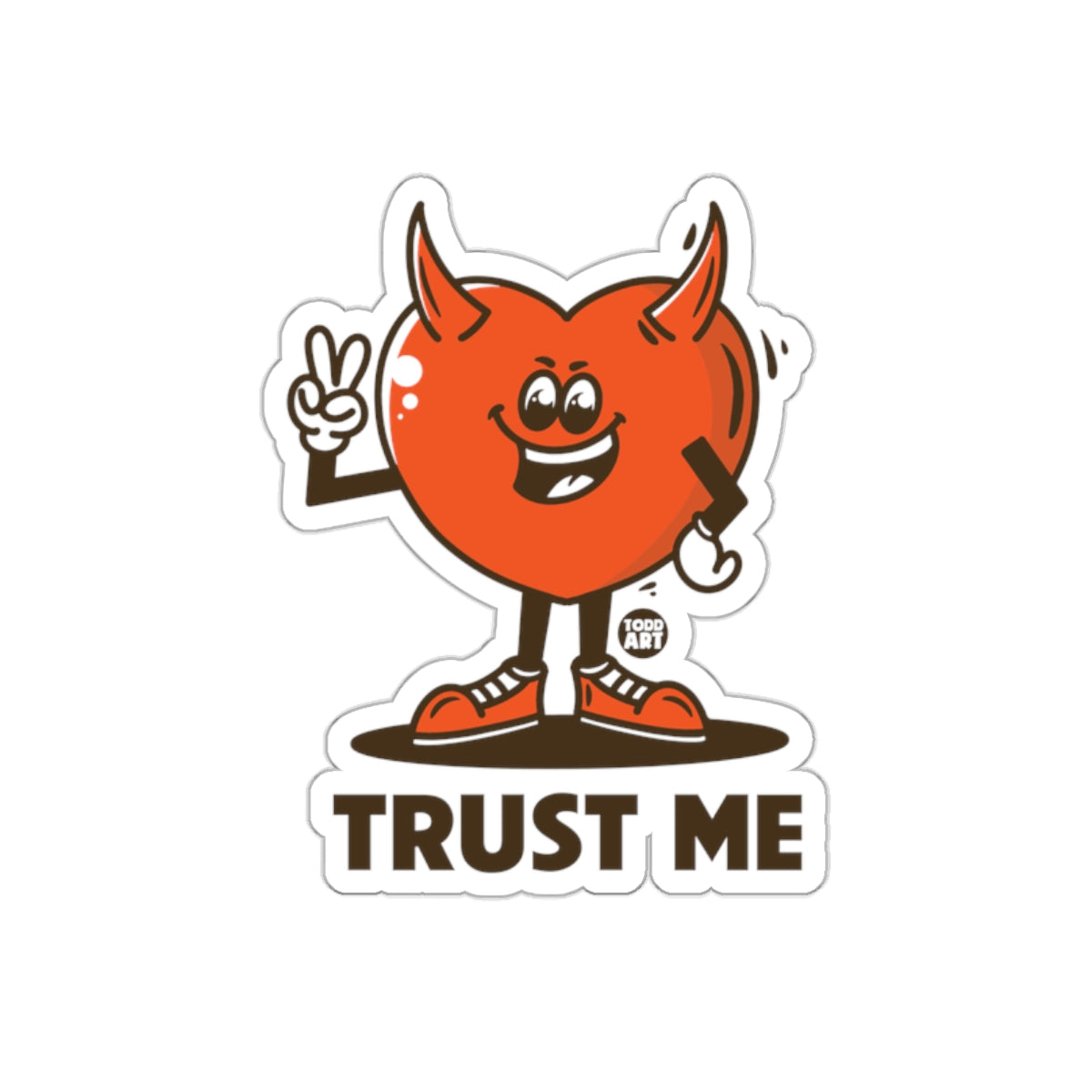 Trust Me Red Cartoon Heart Sticker with Peace Sign