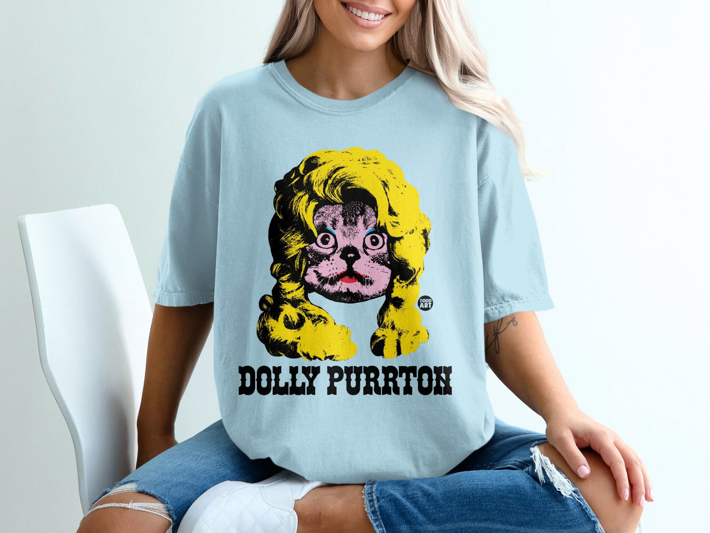 Dolly Purrton Graphic Tee with Cat Blond Wig Design