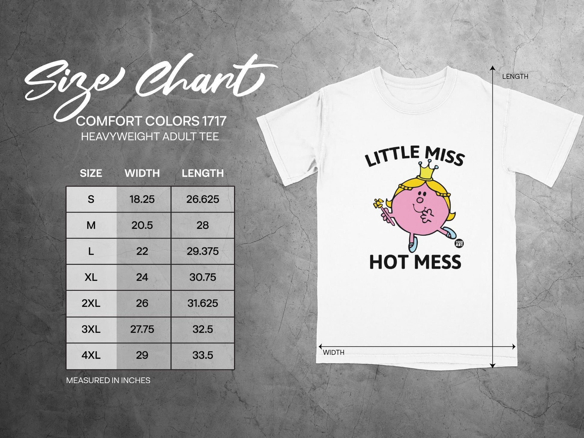 Size chart for Comfort Colors 1717 heavyweight adult tee, showing size, width, and length.