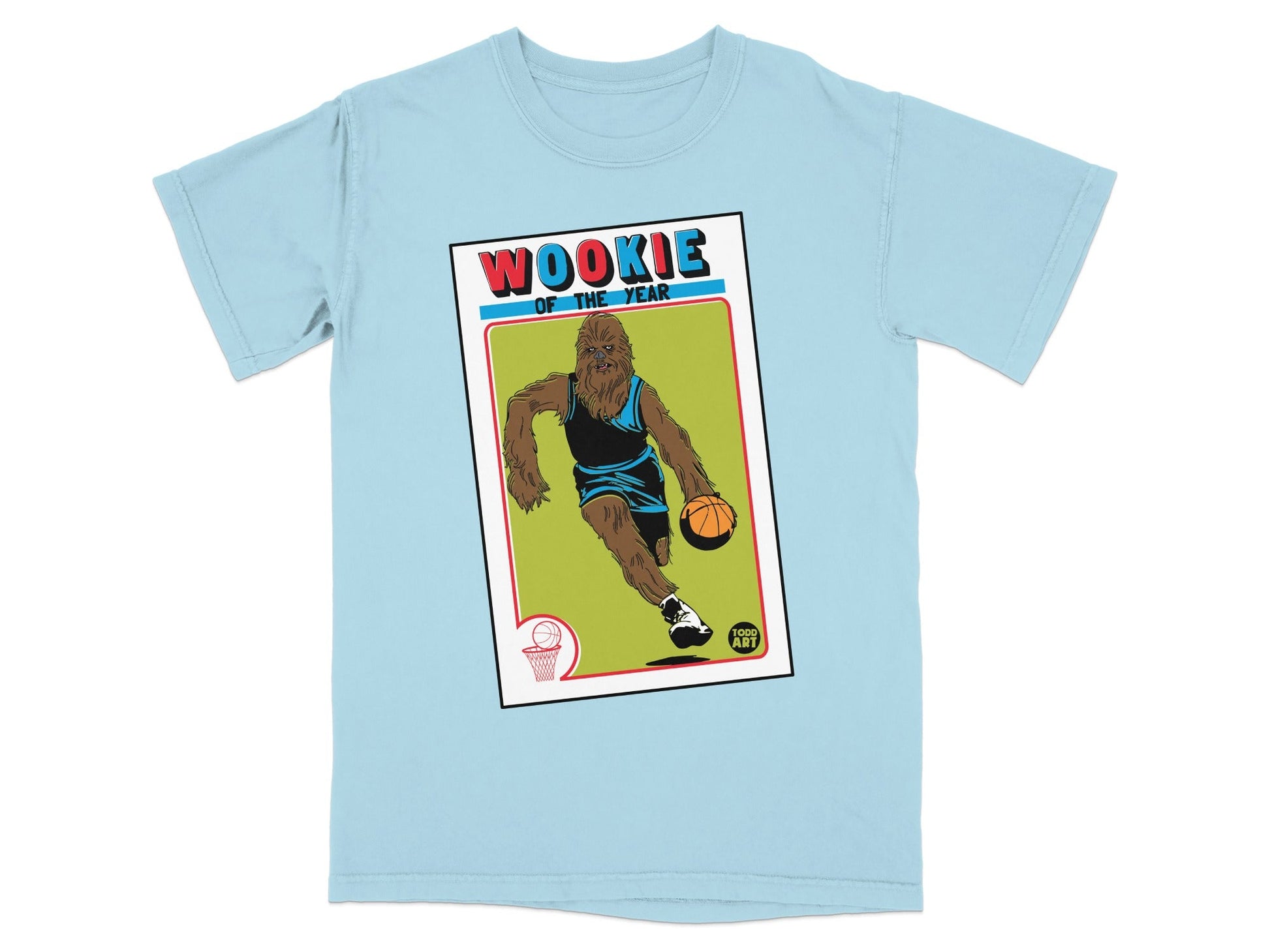 Light blue t-shirt with a Wookiee playing basketball, text "Wookiee of the Year".