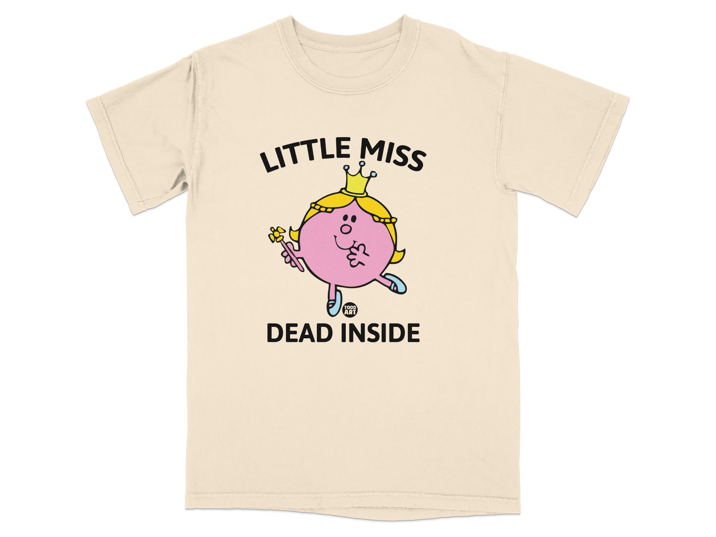Cream t-shirt with "Little Miss Dead Inside" graphic featuring a character with a crown.