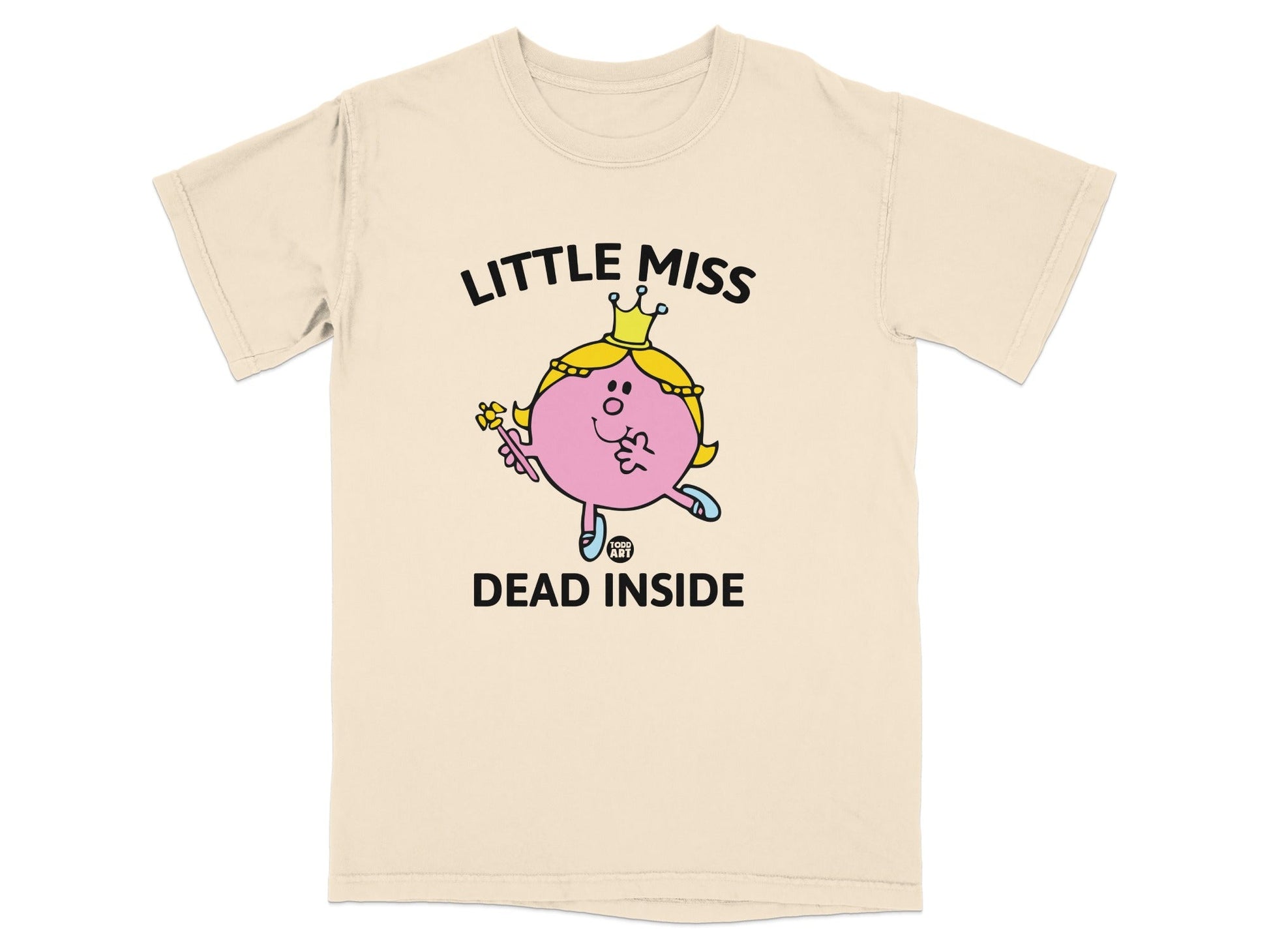 Cream t-shirt with "Little Miss Dead Inside" graphic featuring a character with a crown.