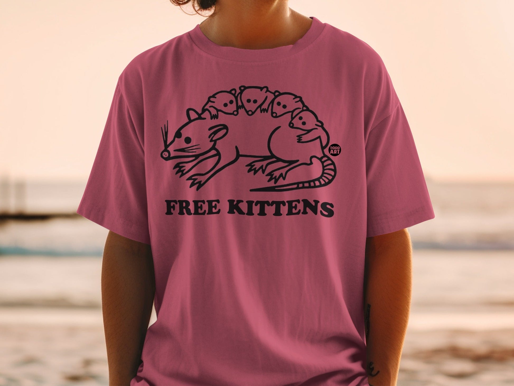 Pink t-shirt with "FREE KITTENS" and a drawing of a rat with kittens on its back.