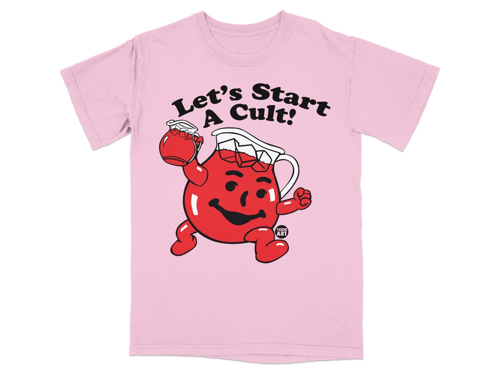 Pink t-shirt with Kool-Aid man graphic and "Let's Start A Cult!" text.
