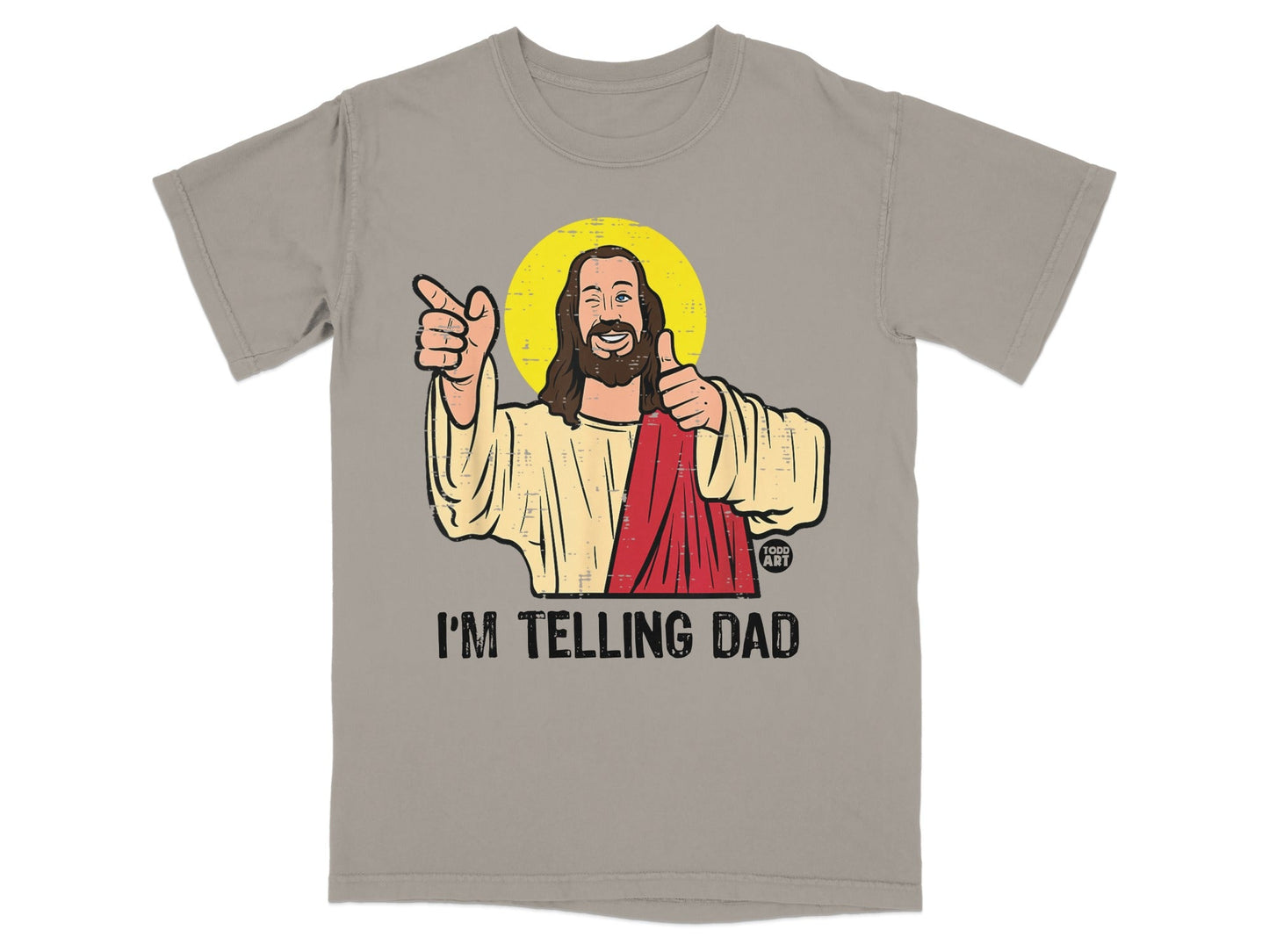 Jesus pointing and giving thumbs up on a gray t-shirt with "I'M TELLING DAD" text.
