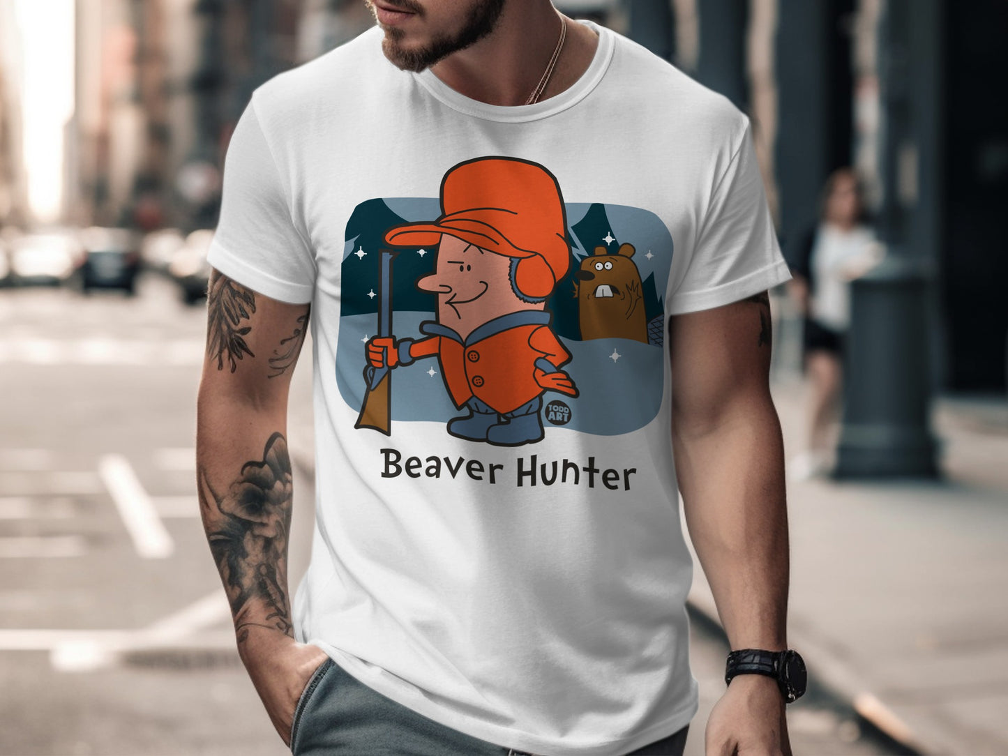 Funny Beaver Hunter Cartoon Graphic T-shirt Product
