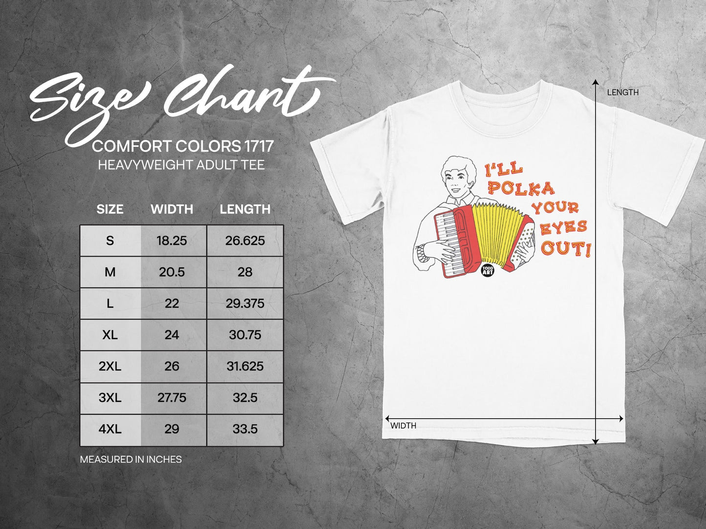Size chart for Comfort Colors 1717 heavyweight adult tee, showing size, width, and length measurements.
