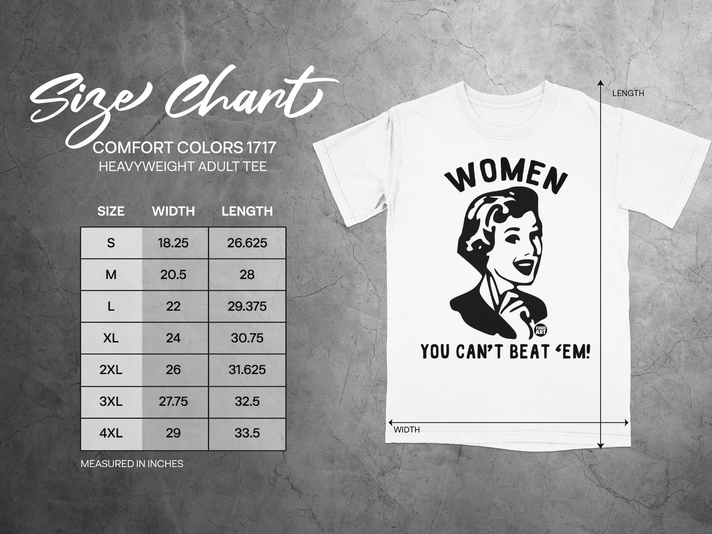 Comfort Colors 1717 heavyweight adult tee size chart with width and length measurements.